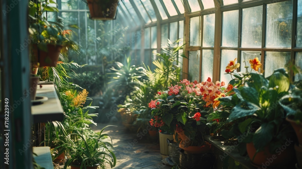 A greenhouse filled with lots of potted plants. This image can be used to showcase a variety of indoor gardening or horticulture concepts A greenhouse filled with lots of potted plants. This image can be used to showcase a variety of indoor gardening or horticulture concepts