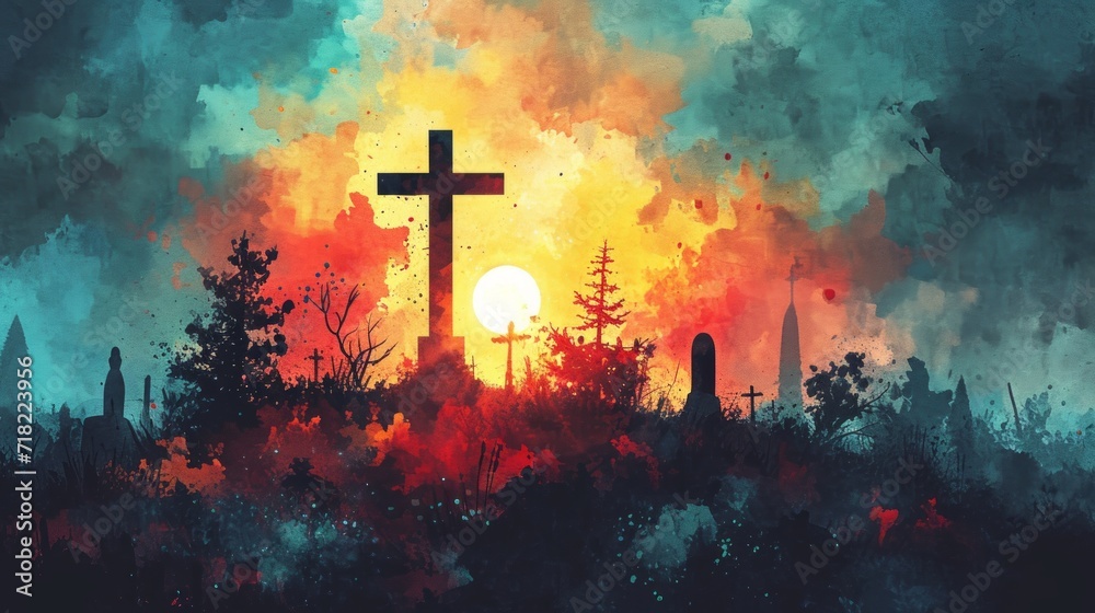 Cross on a Hill at Dawn with Empty Tomb in a Garden - AI Generated