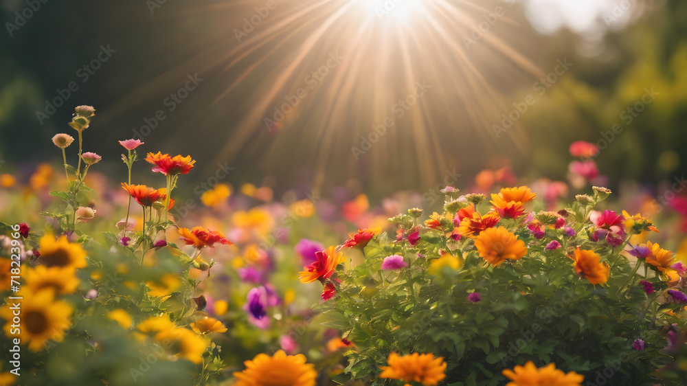 Obraz premium Artifical Intelligence generated vivid colorful landscape scenery. Floral background in nature on the mountains. AI generated image