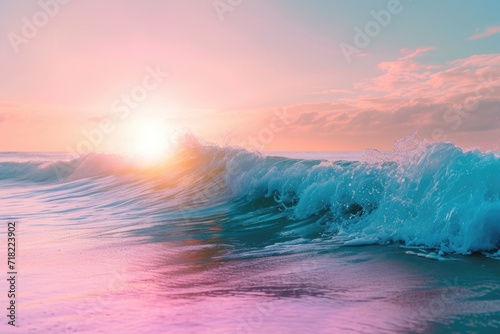 A beautiful sunset over a rolling wave in the ocean.