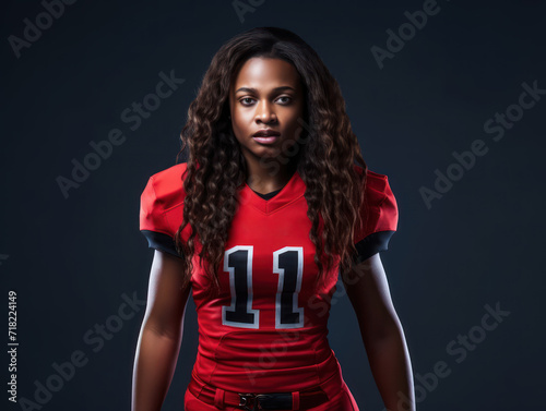 female american football player on black studio