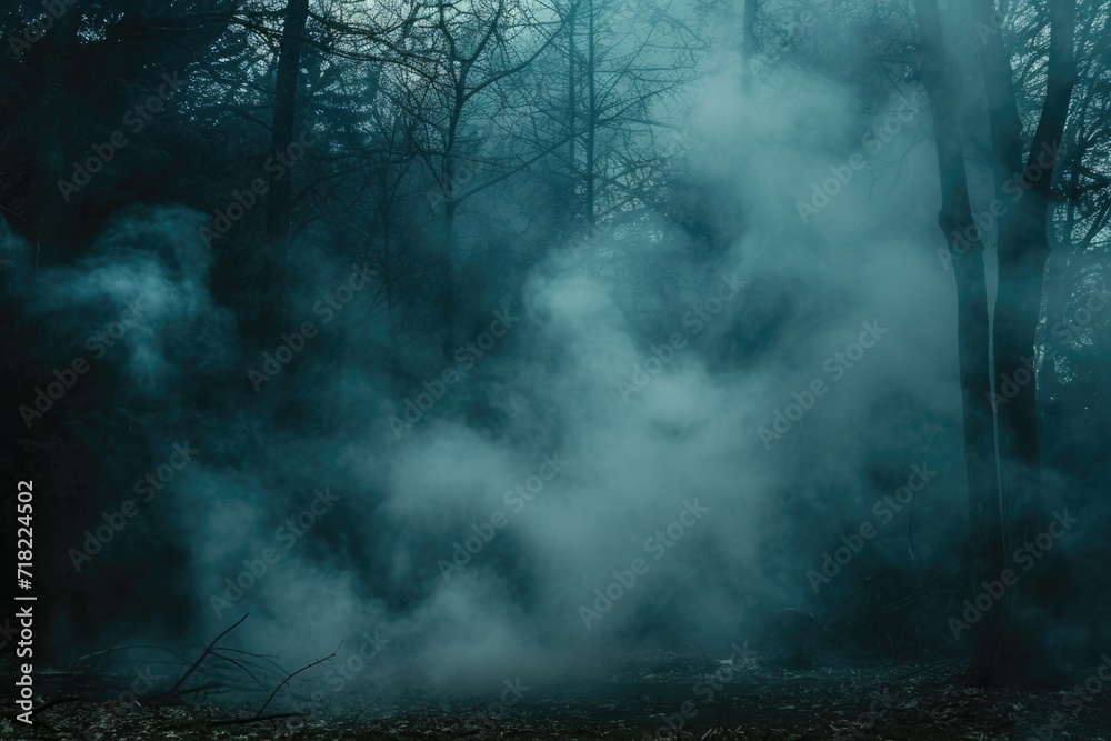 A forest filled with smoke and trees. Perfect for creating a mysterious and atmospheric setting. Ideal for use in environmental campaigns or for adding an eerie touch to Halloween-themed projects