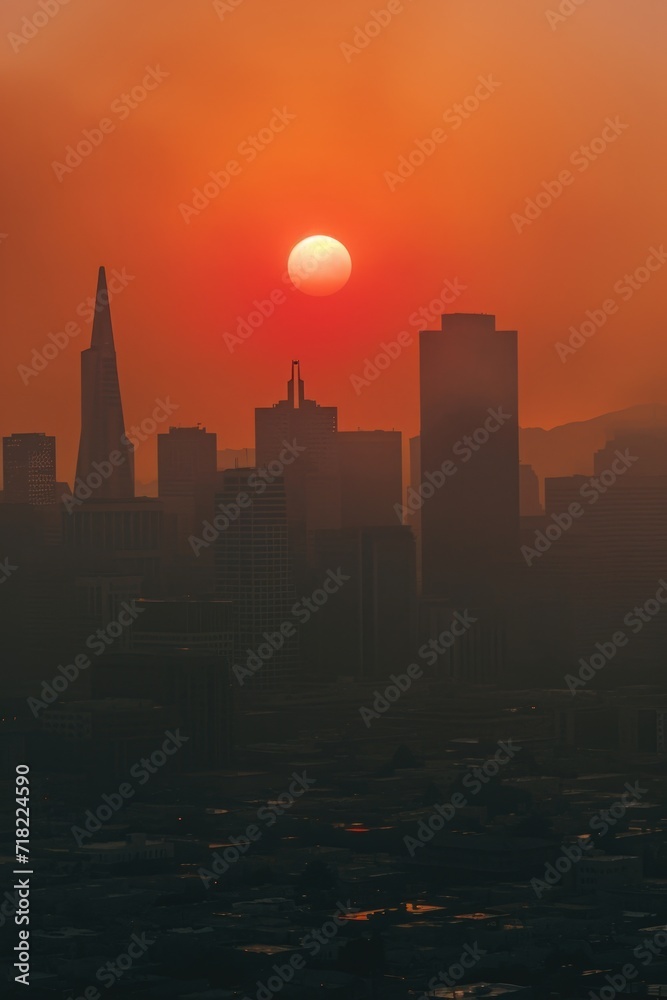 A stunning view of the sun setting over the city skyline. Perfect for cityscape enthusiasts or those looking for a beautiful sunset shot to use in various projects