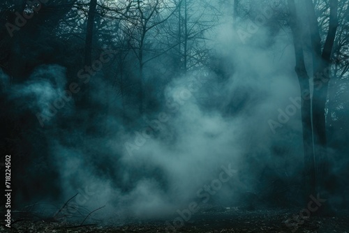 A forest filled with smoke and trees. Perfect for creating a mysterious and atmospheric setting. Ideal for use in environmental campaigns or for adding an eerie touch to Halloween-themed projects
