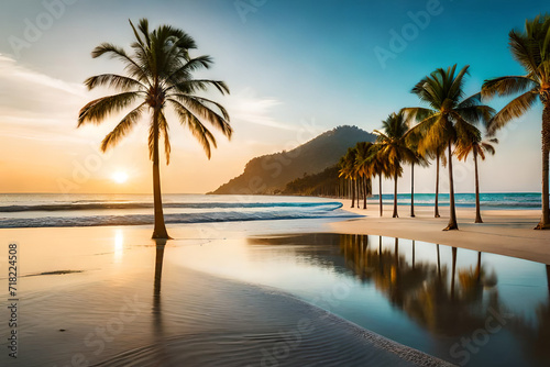 Beach with palm trees and sea. Generative AI © Royalty-Free