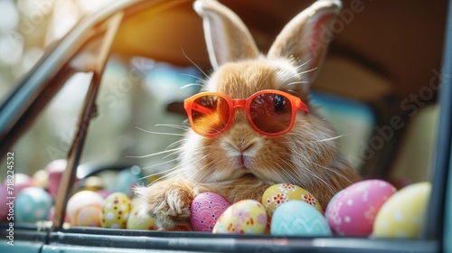 Cute Easter Bunny with Sunglasses in a Car Filled with Easter Eggs - AI Generated
