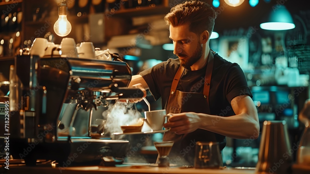 Focused barista preparing fresh espresso at a cozy coffee shop Focused barista preparing fresh espresso at a cozy coffee shop