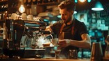 Focused barista preparing fresh espresso at a cozy coffee shop