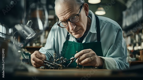 Focused craftsman precisely repairing intricate object in workshop