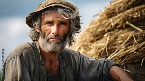 Weathered farmer beside haystack under open sky: a portrait of rural life photo