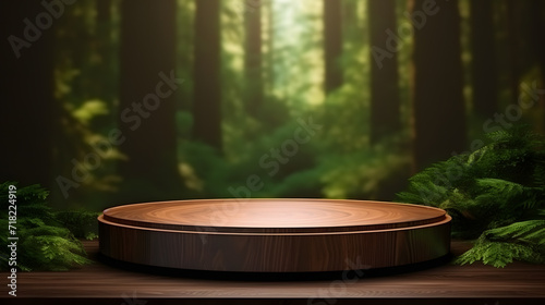 blank circle podium for product presentation wood forest background
