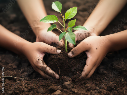 kids hand planting trees in nature to save the earth, environmental concept