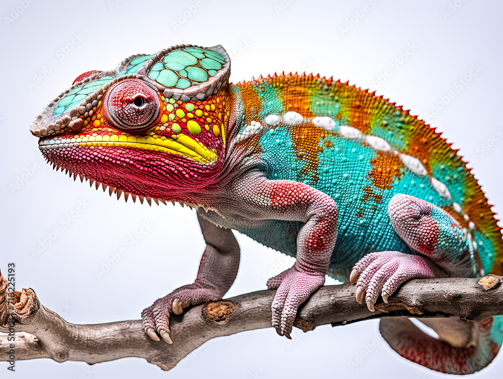 Obraz premium Pantherchamäleon (Furcifer pardalis), freigestellt vor neutralem Hintergrund, Generative AI