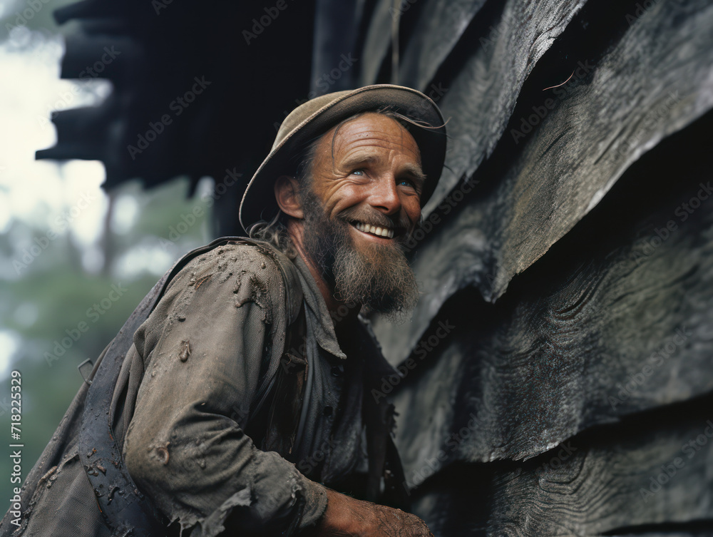 Fototapeta premium Old soviet man repairing wooden house, house in underdeveloped village