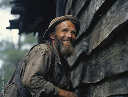 Old soviet man repairing wooden house, house in underdeveloped village
