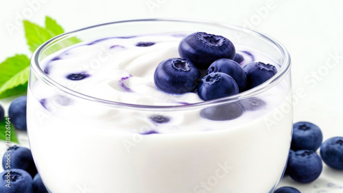 Delicious bowl of Yogurt topped with fresh Blueberries, on white. Greek yogurt with blueberry