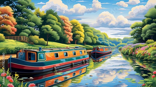 Boats Resting Peacefully Amidst Blooming Flowers, Clear Sky, generative ai