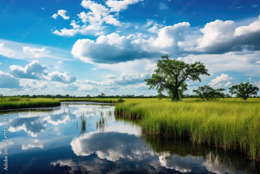 Florida Wetland, a Captivating Beauty of Everglades with Lush Green Forest, Blue Sky and Charming