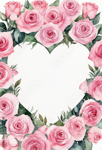 Pink roses watercolor card with heart shaped copy space