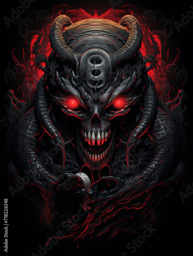 a design showcasing a threatening serpent wrapped around an aged skull with luminescent red eyes   reated with Generative Ai