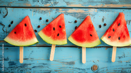 Watermelon slice on a blue wood background.