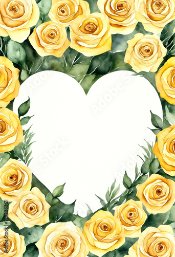 Yellow roses watercolor card with heart shaped copy space