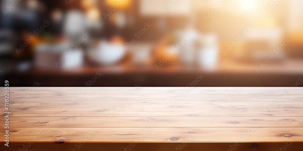 Blurry light background for product display with white table, wooden desk, counter, and shelf surface as backdrop. Empty wooden table top against blurred kitchen room background for food banner or Blurry light background for product display with white table, wooden desk, counter, and shelf surface as backdrop. Empty wooden table top against blurred kitchen room background for food banner or