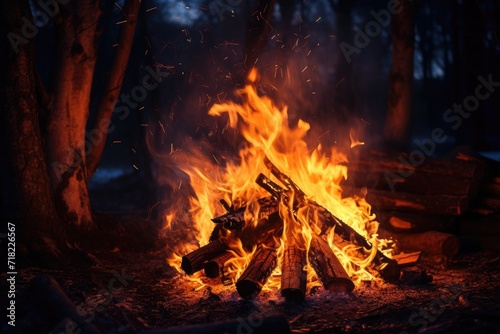 Campfire in the Forest: A Roaring Blaze Illuminates a Dark Night Amid Glimmering Flames and Piles