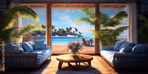 pool at the beach  Beach luxury resort hotel room  Background view of the beach and sea  inside the window with a beautiful view  Generative AI
