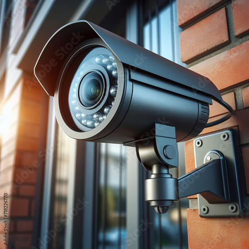 CCTV security camera on brick wall. 3d rendering and illustration
