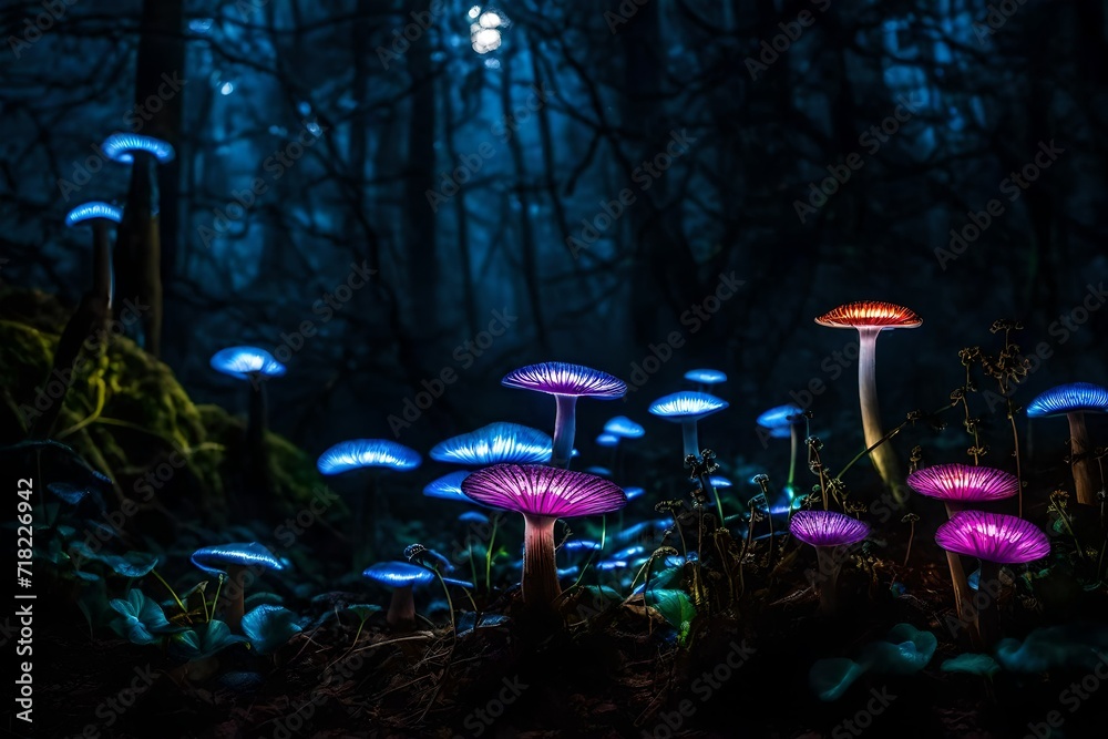 Bioluminous flowers with mushrooms nestled in a secluded, mystical garden Bioluminous flowers with mushrooms nestled in a secluded, mystical garden
