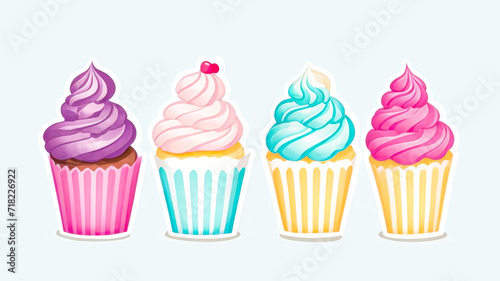 Set of Cupcakes isolated on light background. Row of delicious Cupcakes with cream and sugar. Cakes assorted flavors with copy space