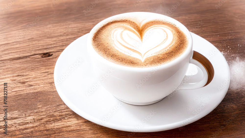 Cup of Coffee on a wooden background, with Copy Space. Hot coffee drink, foam in the shape of a heart Cup of Coffee on a wooden background, with Copy Space. Hot coffee drink, foam in the shape of a heart