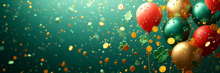 St. Patrick's Day card with Irish colored balloons on a green background, confetti and clover with gold coins, space for text. Banner.