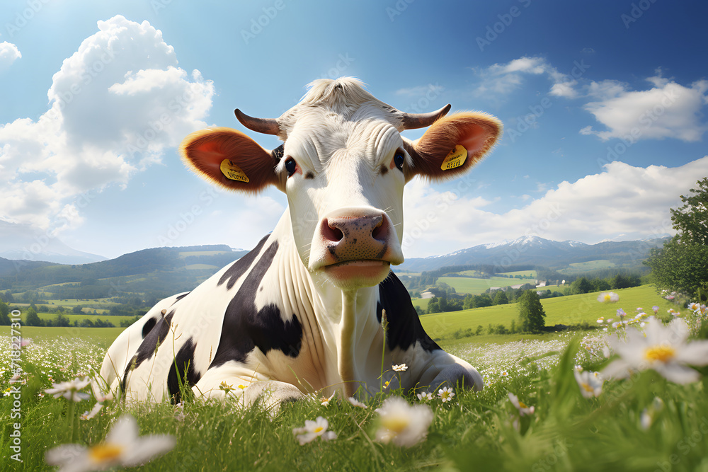 An idyllic meadow view with a beautiful cow enjoying the fresh grass on a sunny day. -   Generative AI,