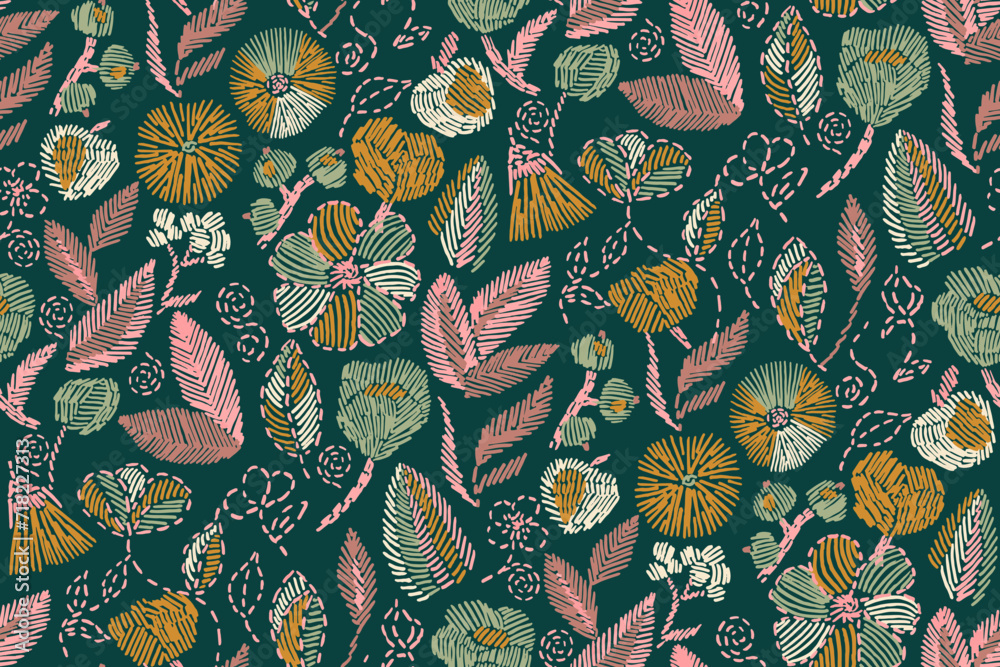 Floral blooming romantic feminine seamless pattern with imitation of satin stitch embroidery.