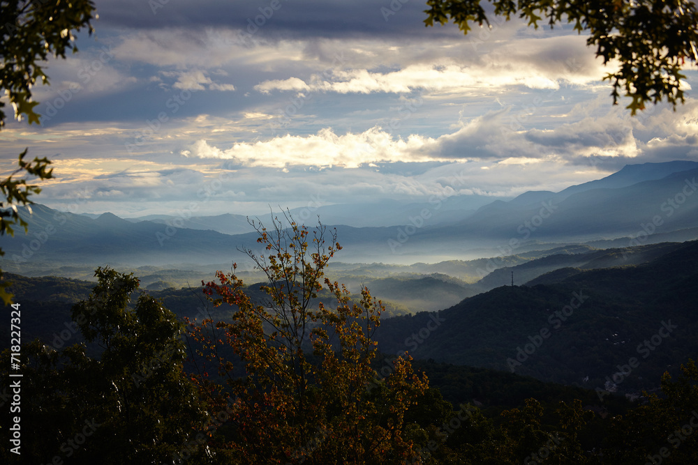 Autumn Glow on Smoky Mountains Misty Peaks - Serene Landscape View