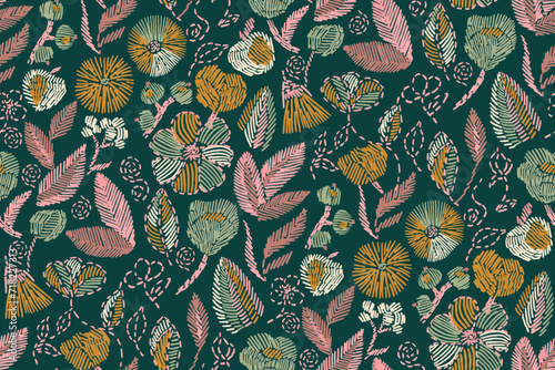 Floral blooming romantic feminine seamless pattern with imitation of satin stitch embroidery.