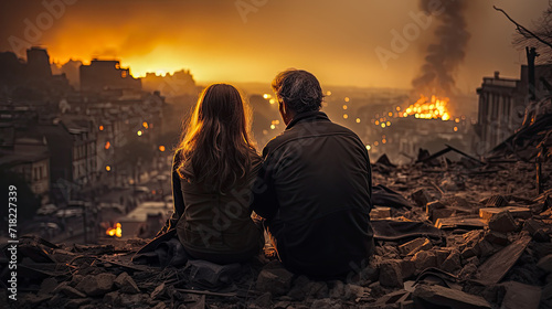 Paar vor einer zerstörten, brennenden Stadt, Generative AI