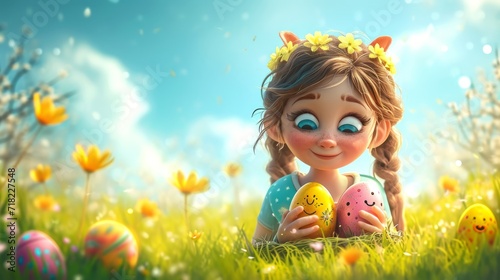 Happy Child Girl with Easter Eggs Background - AI Generated