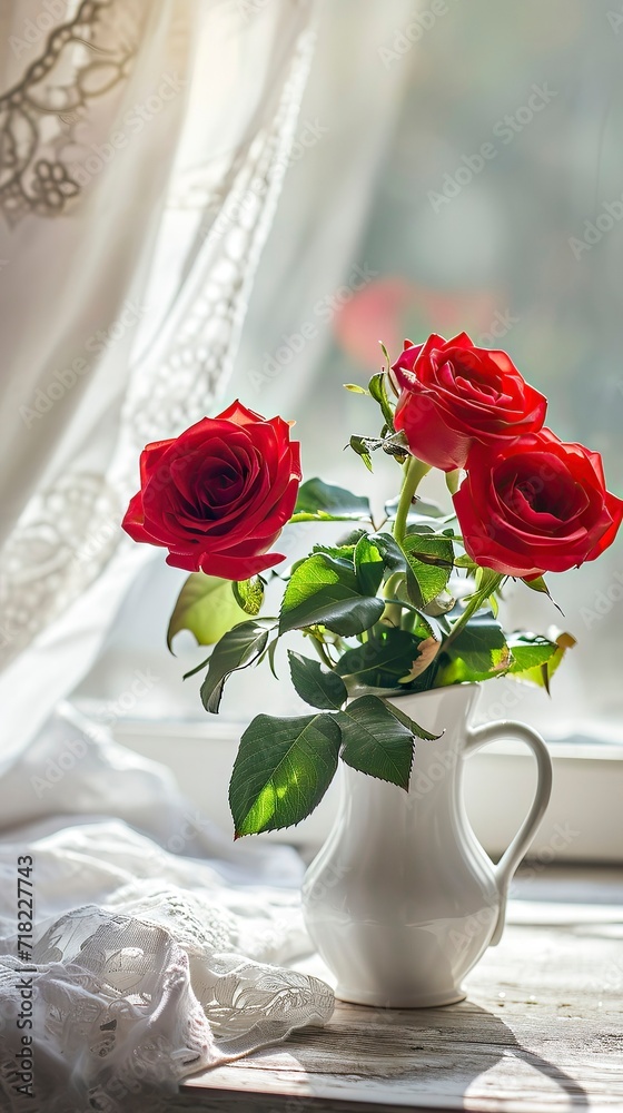 Obraz premium Morning Serenity with Red Roses on Pristine White