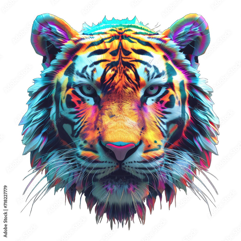 Multicolored 3d tiger head for t-shirt print design, tattoo and various uses on transparent or white background generative 