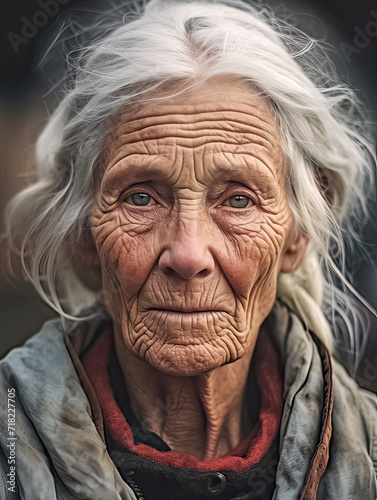 Alte Frau mit grauen Haaren und faltiger Haut, Portrait, Blick in die Kamera Generative AI © pwmotion