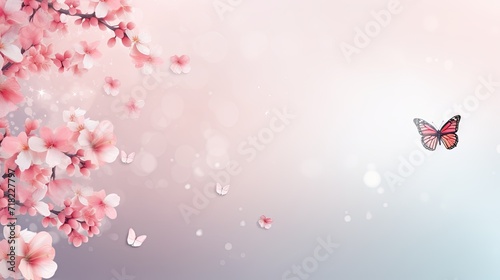 Spring banner background with pink blossom and flying butterfly