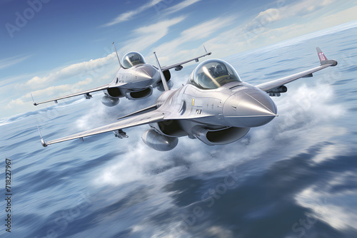 Modern stealth fighter plane. Flight in formation, flyby and landing, take off bombing, dog fight, firing missile.