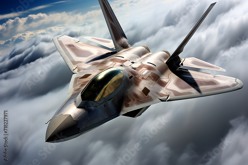 Modern stealth fighter plane. Flight in formation, flyby and landing, take off bombing, dog fight, firing missile. photo