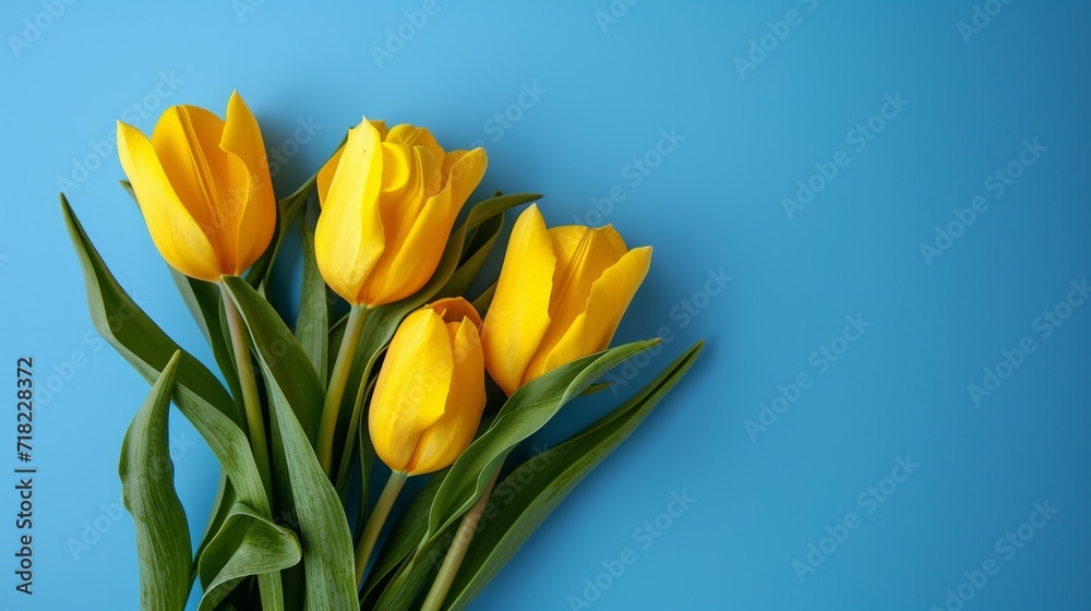 Bouquet of Yellow Tulips on Blue Background, Bright and Cheerful Floral Arrangement Bouquet of Yellow Tulips on Blue Background, Bright and Cheerful Floral Arrangement
