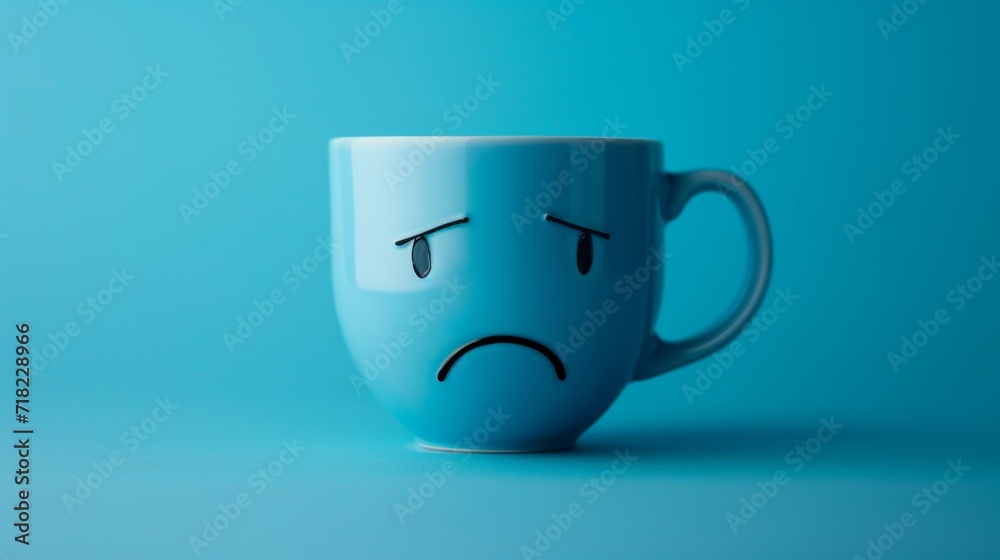 Sad Face Drawn on Blue Coffee Cup Sad Face Drawn on Blue Coffee Cup
