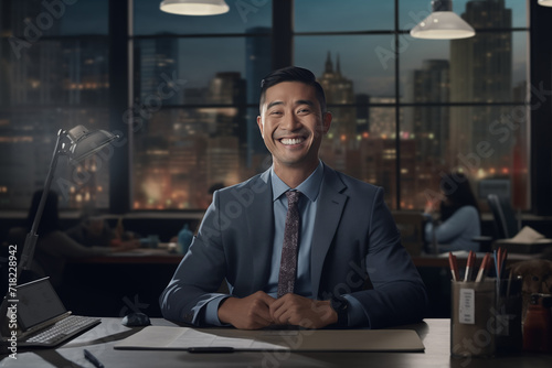Asian businessman smiling at work behind a desk. Rich man businessman. Professional career. World of work. Work in a company. AI.