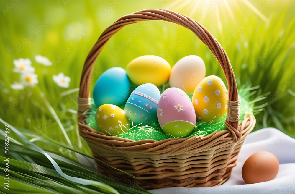 Colorful Easter eggs in a basket on the green grass,Easter spring theme,falling,spring sunny background. Colorful Easter eggs in a basket on the green grass,Easter spring theme,falling,spring sunny background.